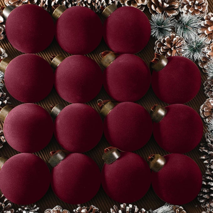 15 PCS VELVET CHRISTMAS BALLS BULK FLOCKED CHRISTMAS TREE BALL ORNAMENTS PLASTIC XMAS DECORATIVE HANGING ORNAMENTS BURGUNDY