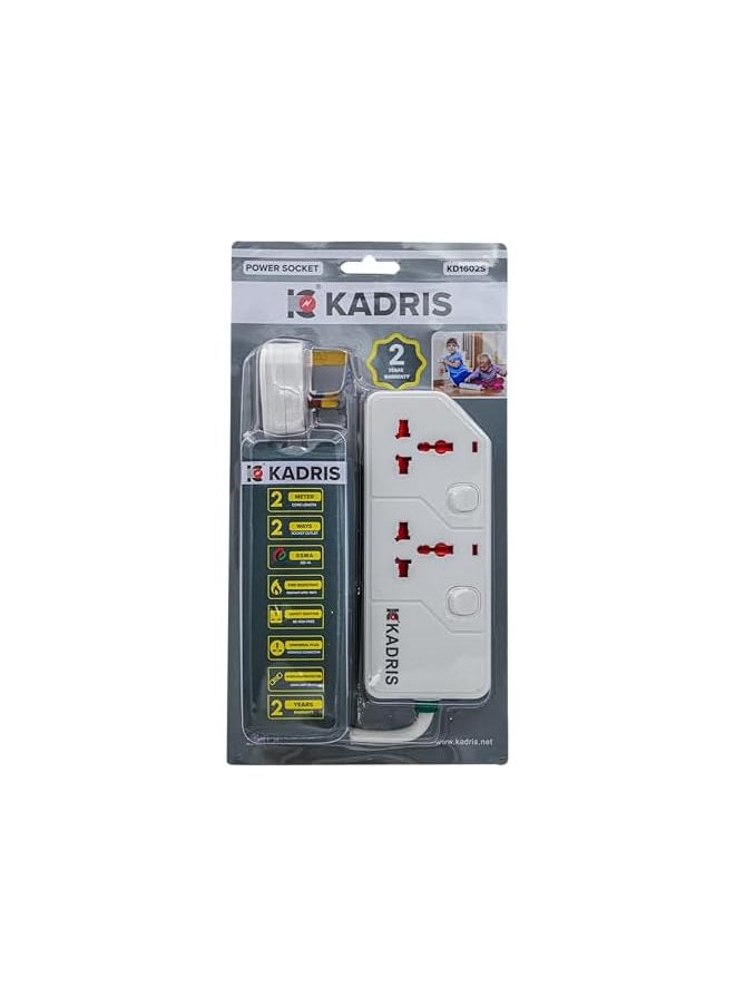 KADRIS Kadris KD1602S 2-Way Heavy Duty Extension Cord, 2 Meter Length, White  - Image 2