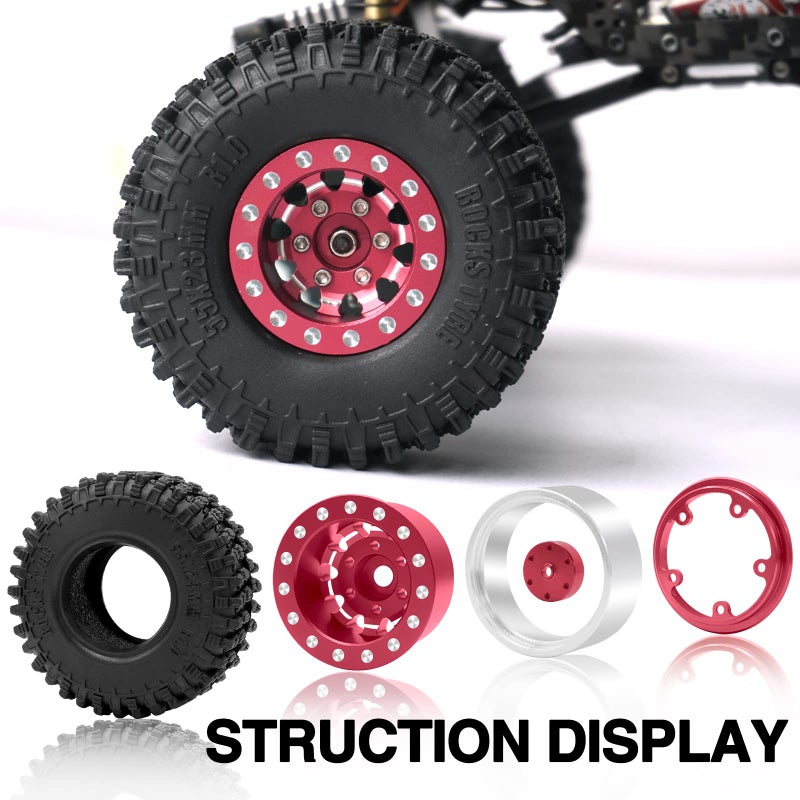OGUNKE OGRC 1.0 Wheels Deep Dish Rims Negative Offset 7mm Wheels with New Compound 1.0 Tires for Axial SCX24 Gladiator Bronco C10 JLU Deadbolt RC Crawler Upgrades Parts (Red) - Image 5