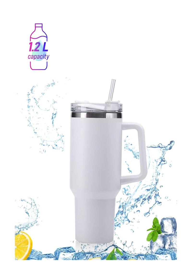 كوب قهوة للسفر من الفولاذ المقاوم للصدأ معزول بمقبض سعة 40 أونصة مع قش وغطاء وزجاجة مياه كبيرة للمشروبات الساخنة والباردة - Image 1