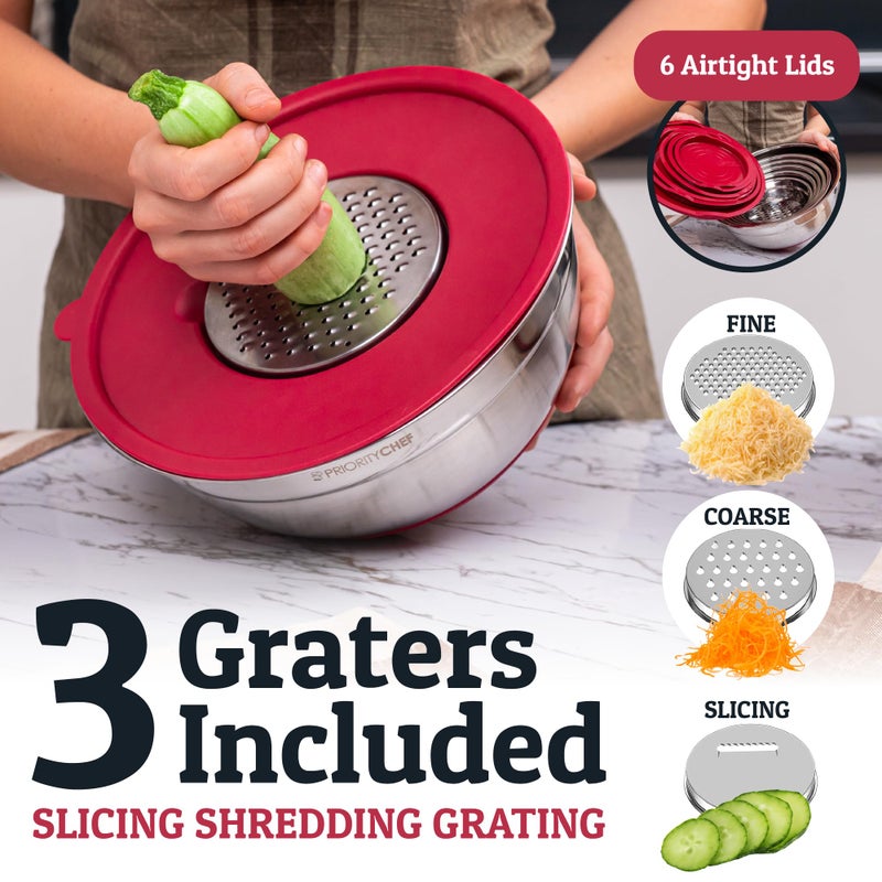Priority Chef 6Pc Large Mixing Bowls With Lids Set with Non-Slip Bases, Stainless Steel Mixing Bowl Set, 6 Airtight Lids and 3 Graters, Red - Image 4