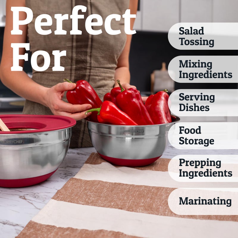 Priority Chef 6Pc Large Mixing Bowls With Lids Set with Non-Slip Bases, Stainless Steel Mixing Bowl Set, 6 Airtight Lids and 3 Graters, Red - Image 5