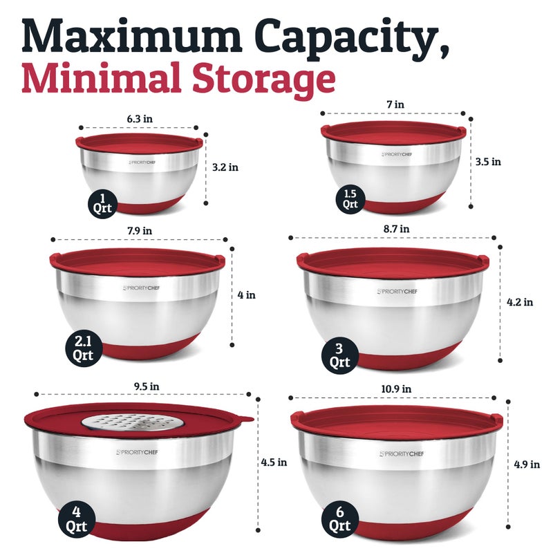 Priority Chef 6Pc Large Mixing Bowls With Lids Set with Non-Slip Bases, Stainless Steel Mixing Bowl Set, 6 Airtight Lids and 3 Graters, Red - Image 2
