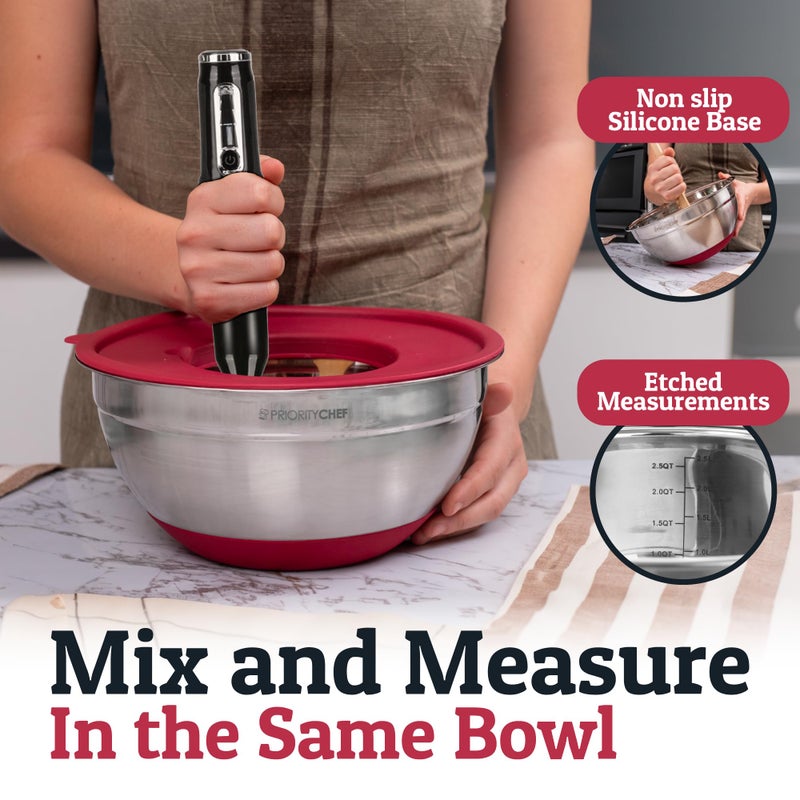 Priority Chef 6Pc Large Mixing Bowls With Lids Set with Non-Slip Bases, Stainless Steel Mixing Bowl Set, 6 Airtight Lids and 3 Graters, Red - Image 3