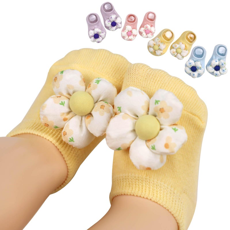 KEAINVRN 4Packs Baby Girls Socks,Flower Non-Slip Grips for Babies Toddler Princess Low Cut Ankle Socks for Girls (US, Age, 0 Months, 6 Months, pink bule light purple yellow) - Image 1
