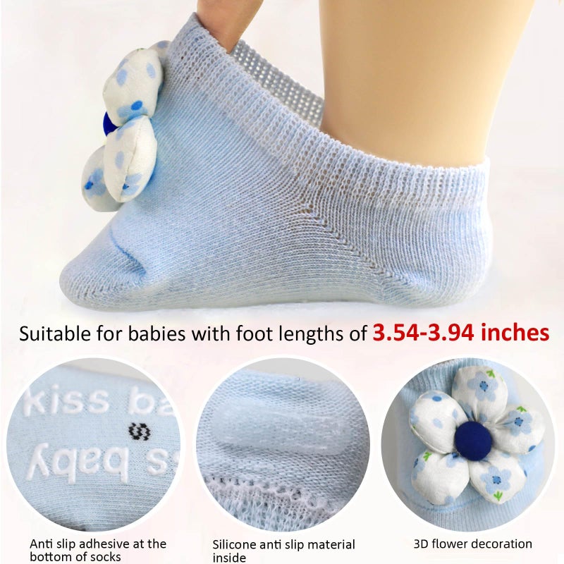 KEAINVRN 4Packs Baby Girls Socks,Flower Non-Slip Grips for Babies Toddler Princess Low Cut Ankle Socks for Girls (US, Age, 0 Months, 6 Months, pink bule light purple yellow) - Image 5