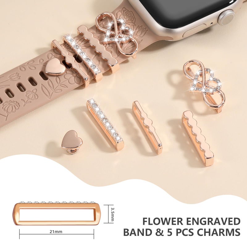 DaQin Flower Engraved Band Compatible with Apple Watch Bands 44mm 42mm 45mm 46mm for Women, Soft Silicone Strap With Decorative for Apple Watch Charms for iWatch Series 11 10 9 8 7 6 5 4 3 2 1 SE - Image 4