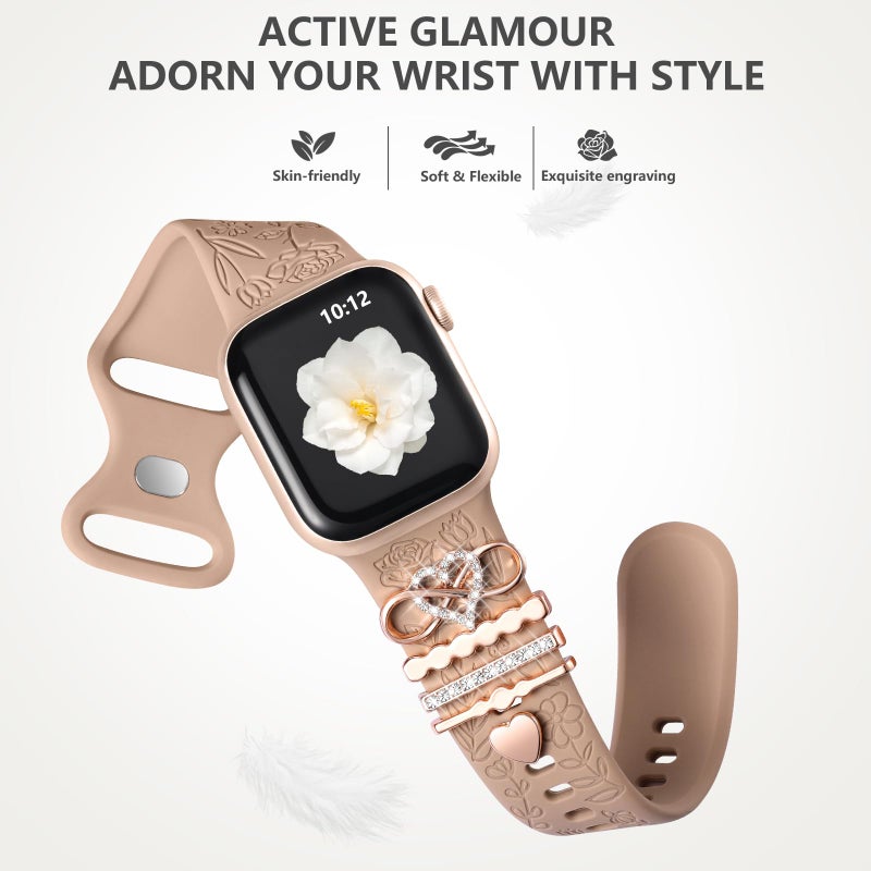 DaQin Flower Engraved Band Compatible with Apple Watch Bands 44mm 42mm 45mm 46mm for Women, Soft Silicone Strap With Decorative for Apple Watch Charms for iWatch Series 11 10 9 8 7 6 5 4 3 2 1 SE - Image 5