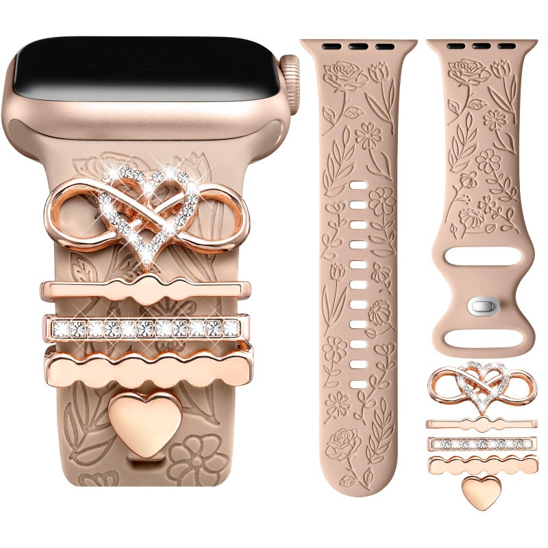 DaQin Flower Engraved Band Compatible with Apple Watch Bands 44mm 42mm 45mm 46mm for Women, Soft Silicone Strap With Decorative for Apple Watch Charms for iWatch Series 11 10 9 8 7 6 5 4 3 2 1 SE - Image 1