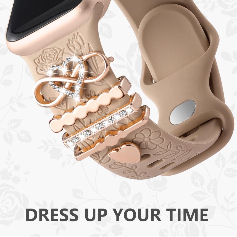 DaQin Flower Engraved Band Compatible with Apple Watch Bands 44mm 42mm 45mm 46mm for Women, Soft Silicone Strap With Decorative for Apple Watch Charms for iWatch Series 11 10 9 8 7 6 5 4 3 2 1 SE - Image 3