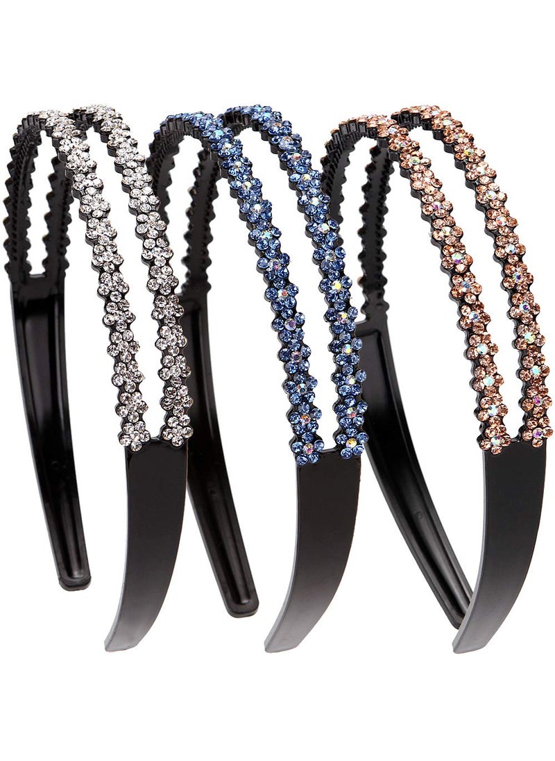 LONEEDY - LONEEDY 3 Pack Fashion Rhinestone and Crystal Hard HeadbandsDouble Row Nonslip Teeth Hairband for Women SilverGoldLight blue - Image 1