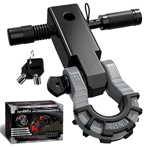 AUTMATCH Shackle Hitch Receiver 2 with 34 Mega D Ring Shackle and 58 Trailer Hitch Lock Pin 68000 Lbs Break Strength Heavy Duty Receiver Towing Kit for OffRoad Vehicle Recovery Black  Gray