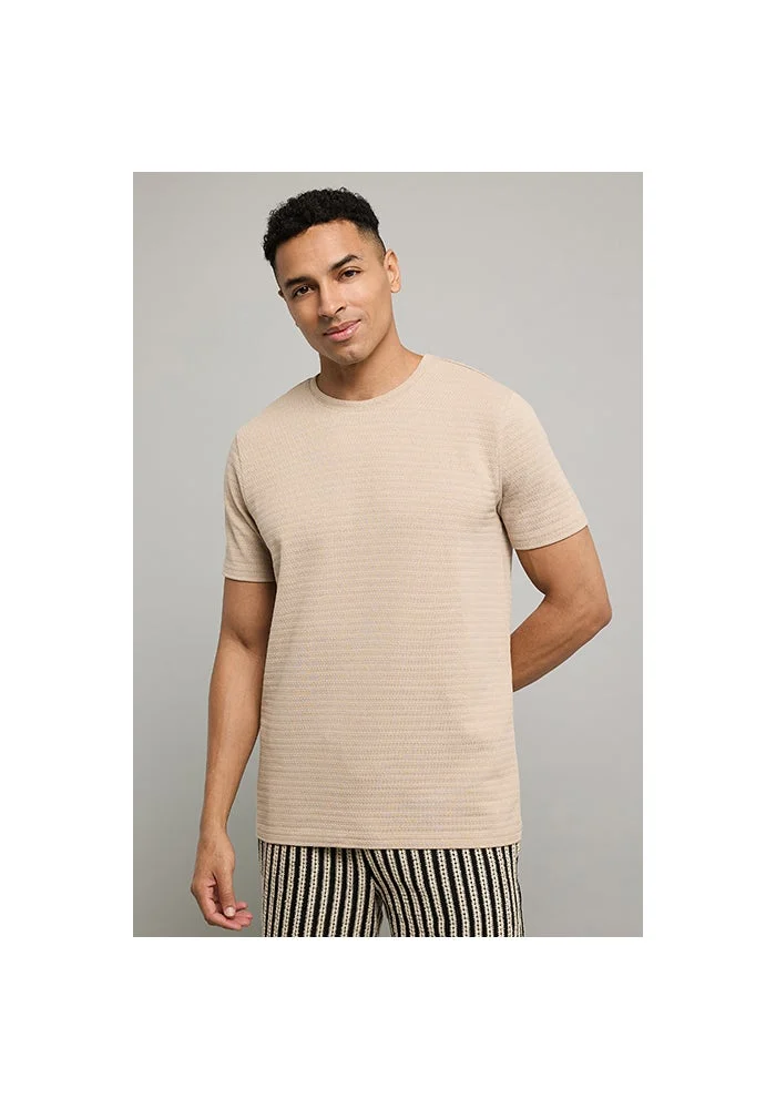 أر أند بي Textured T-Shirt with Crew Neck and Short Sleeves