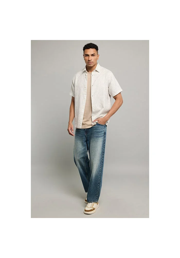 أر أند بي Textured T-Shirt with Crew Neck and Short Sleeves