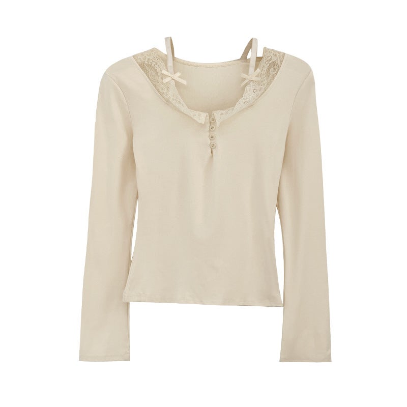 Shopping Mall Real Pograph Design Sense Lace Stitching Half Row Button Thin Long Sleeve T-Shirt Women'S Spring New Inner Base - Image 5