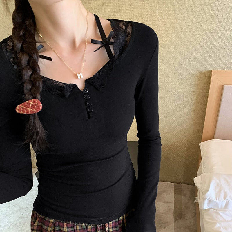 Shopping Mall Real Pograph Design Sense Lace Stitching Half Row Button Thin Long Sleeve T-Shirt Women'S Spring New Inner Base - Image 4