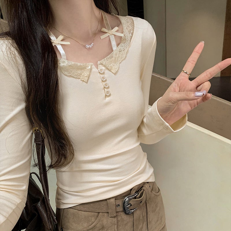 Shopping Mall Real Pograph Design Sense Lace Stitching Half Row Button Thin Long Sleeve T-Shirt Women'S Spring New Inner Base - Image 1