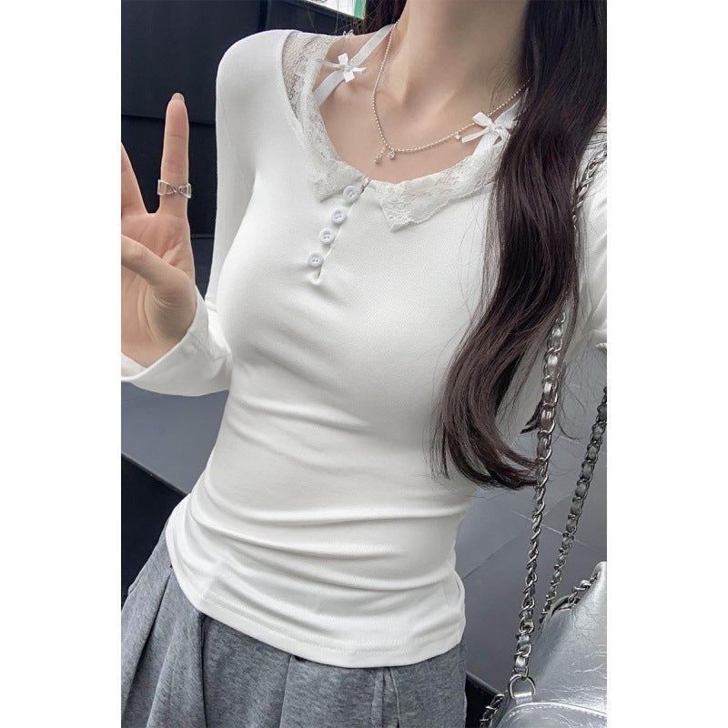 Shopping Mall Real Pograph Design Sense Lace Stitching Half Row Button Thin Long Sleeve T-Shirt Women'S Spring New Inner Base - Image 2