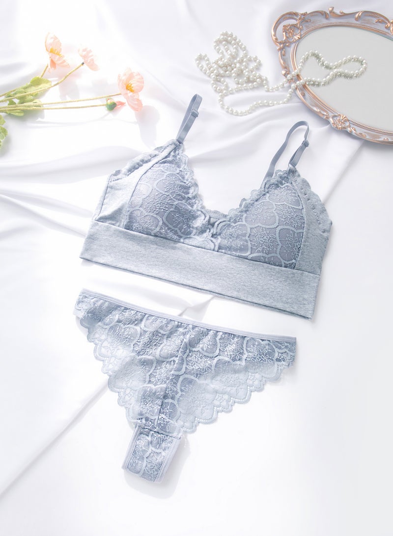 Light Gray Mesh Bikini Set with Lace Details, Two-Piece 