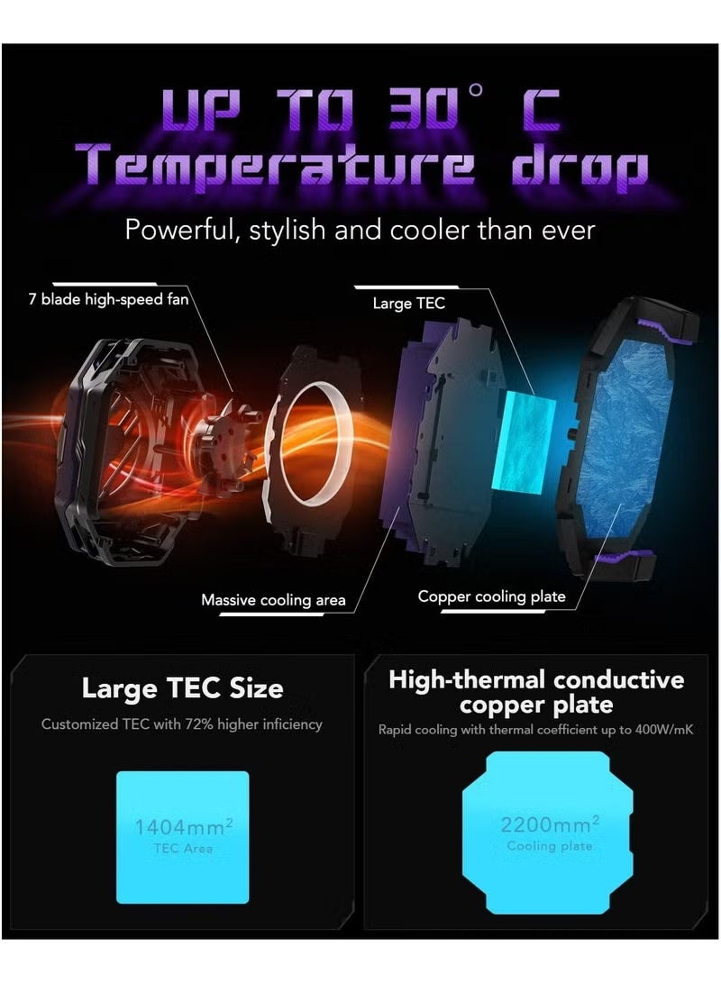 BLACK SHARK مبرد الهاتف المحمول Black Shark Fun Cooler 3Pro، مبرد الهاتف المحمول مع مؤقت النوم/إعدادات سرعة المروحة لأجهزة iOS/Android مقاس 2.63-3.46 بوصة، تبريد مشتت أشباه الموصلات - Image 3