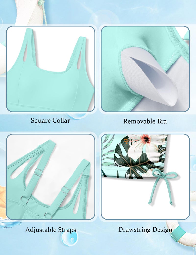Aulyffo Girls Tankini Swimsuits Size 14-16 Girl Bathing Suits Size 14-16 Tropical Print Swimsuits for Teen Girls Ruched Swim Tank Top with Boy Shorts Light Blue - Image 5