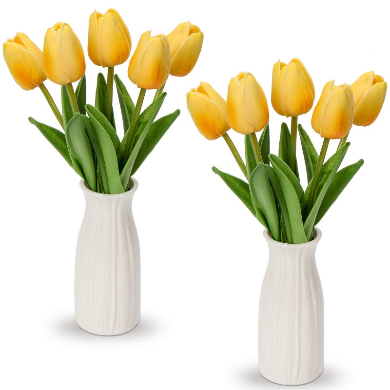 Briful 2 Packs Faux Flowers Artificial Tulips with Ceramic Vase Poly Foam Yellow Tulips Real Touch Flower Arrangement for Home Kitchen Wedding Centerpiece Decoration