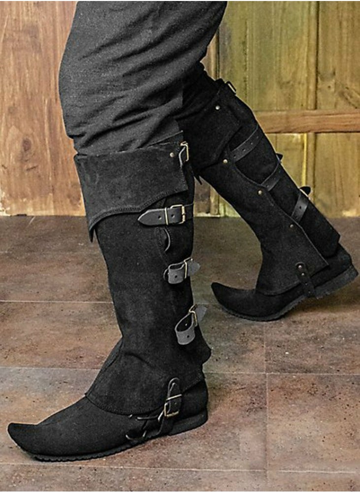 Loquat - Medieval Faux Leather Leg Gaiters, Vintage Middle Ages Knight Leg Armor, Buckle Leg Guards Black - Image 1
