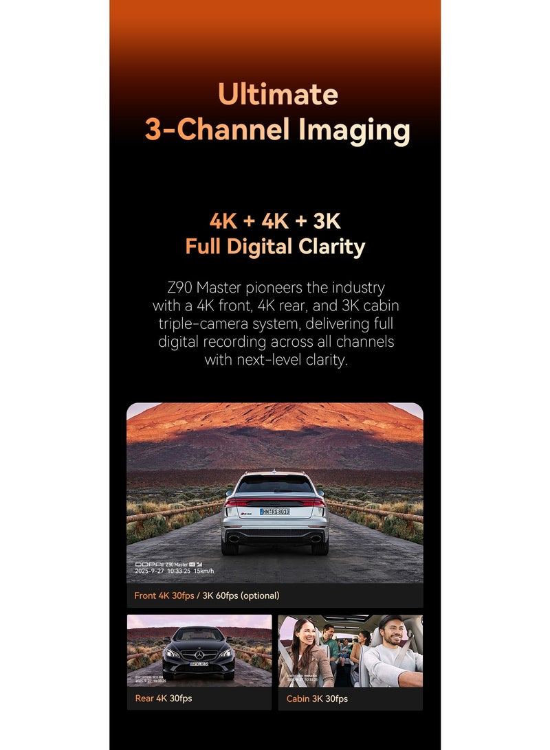 دي دي باي كاميرا سيارة DDPAI Z90 Master ثلاثية 4K + 4K + 3K | مستشعران Sony STARVIS 2 IMX678 | ذاكرة eMMC ‏64GB | دعم 4G | GPS مدمج | WiFi ‎5GHz‎ | كاميرا داخلية بالأشعة تحت الحمراء | ADAS 2.0 | مكثف فائق | مراقبة 24/7 - Image 3