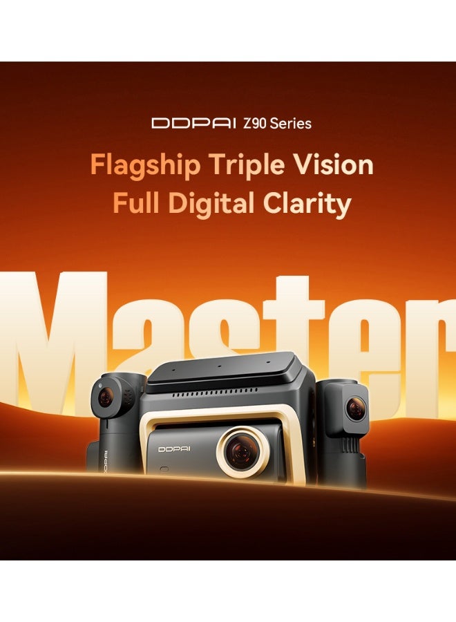 دي دي باي كاميرا سيارة DDPAI Z90 Master ثلاثية 4K + 4K + 3K | مستشعران Sony STARVIS 2 IMX678 | ذاكرة eMMC ‏64GB | دعم 4G | GPS مدمج | WiFi ‎5GHz‎ | كاميرا داخلية بالأشعة تحت الحمراء | ADAS 2.0 | مكثف فائق | مراقبة 24/7 - Image 1