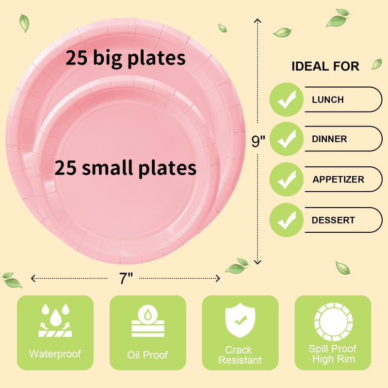 LANLISA 50 Pcs Pink Paper Plates Disposable, 25-9" & 25-7" Disposable Birthday Cake Dessert Plates For Valentines Day, Baby Shower, Easter Party, Mothers Day Party Supplies - Image 5