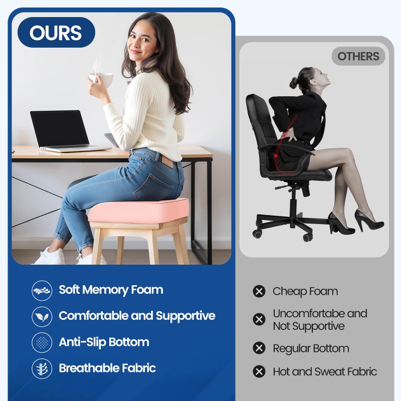 SweetSlubr Seat Cushion for Tailbone Pain Relief, Office Chair Cushion, Memory Foam Large Chair Cushion with Non-Slip Cover for Soft Support at Office Chair, Car Seat, Airplane Pink/Large - Image 5
