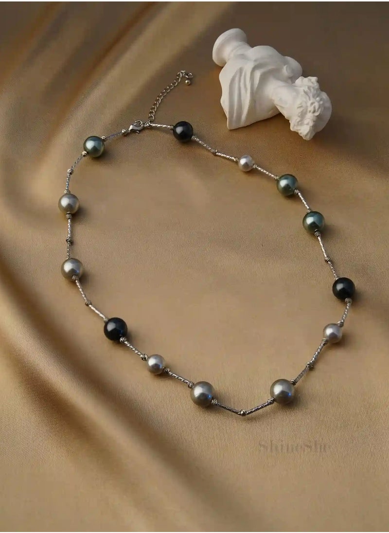 ShineShe New Fashionable Elegant Tahitian Black Green and Silver pearl starry sky pearl necklace(10mm), ShineShe  - Image 1