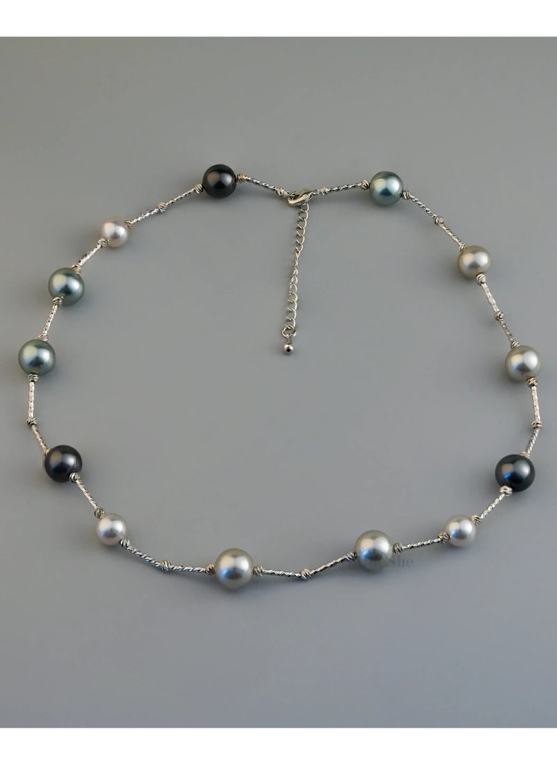 ShineShe New Fashionable Elegant Tahitian Black Green and Silver pearl starry sky pearl necklace(10mm), ShineShe  - Image 2