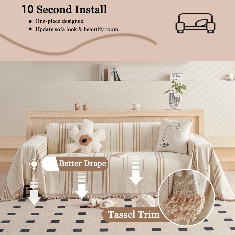 DREAMINGO Couch Cover for Sofa, Chenille Couch Cover Blanket, Washable Sofa Covers for 2 Cushion Couch, Stripes Jacquard Loveseat Covers Soft Furniture Protector Slipcover, 71"x118", Beige Coffee - Image 3