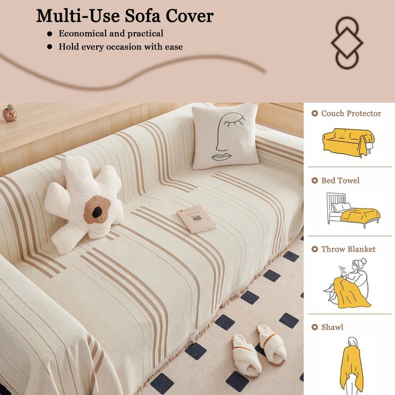 DREAMINGO Couch Cover for Sofa, Chenille Couch Cover Blanket, Washable Sofa Covers for 2 Cushion Couch, Stripes Jacquard Loveseat Covers Soft Furniture Protector Slipcover, 71"x118", Beige Coffee - Image 5