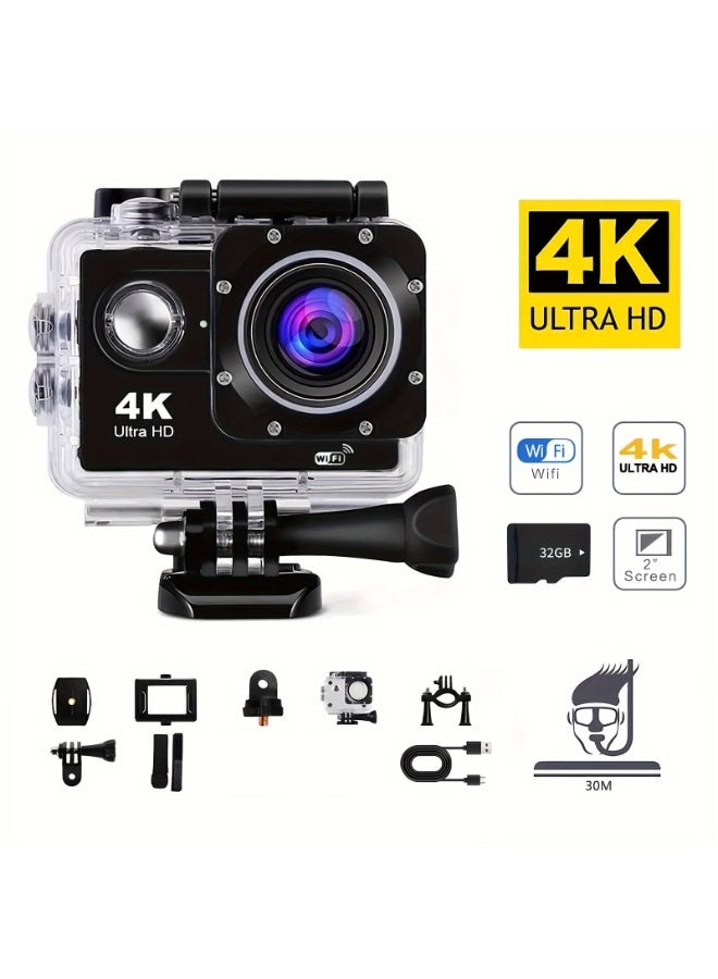general Helmet camera, compact camera, 360-degree panoramic camera, 4K action camera, 1080P action camera (with waterproof housing), mini smart HD waterproof outdoor camera (black, with 32GB memory card). - Image 1