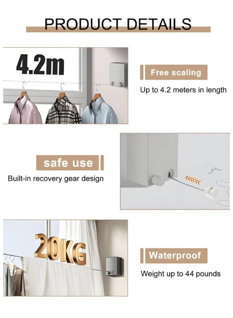 JINFANLI Telescopic Clothesline Stainless Steel Clothes Line Wall Mounted Clothes Drying Laundry Line Adjustable Clothes Rope 4.2m - Image 4