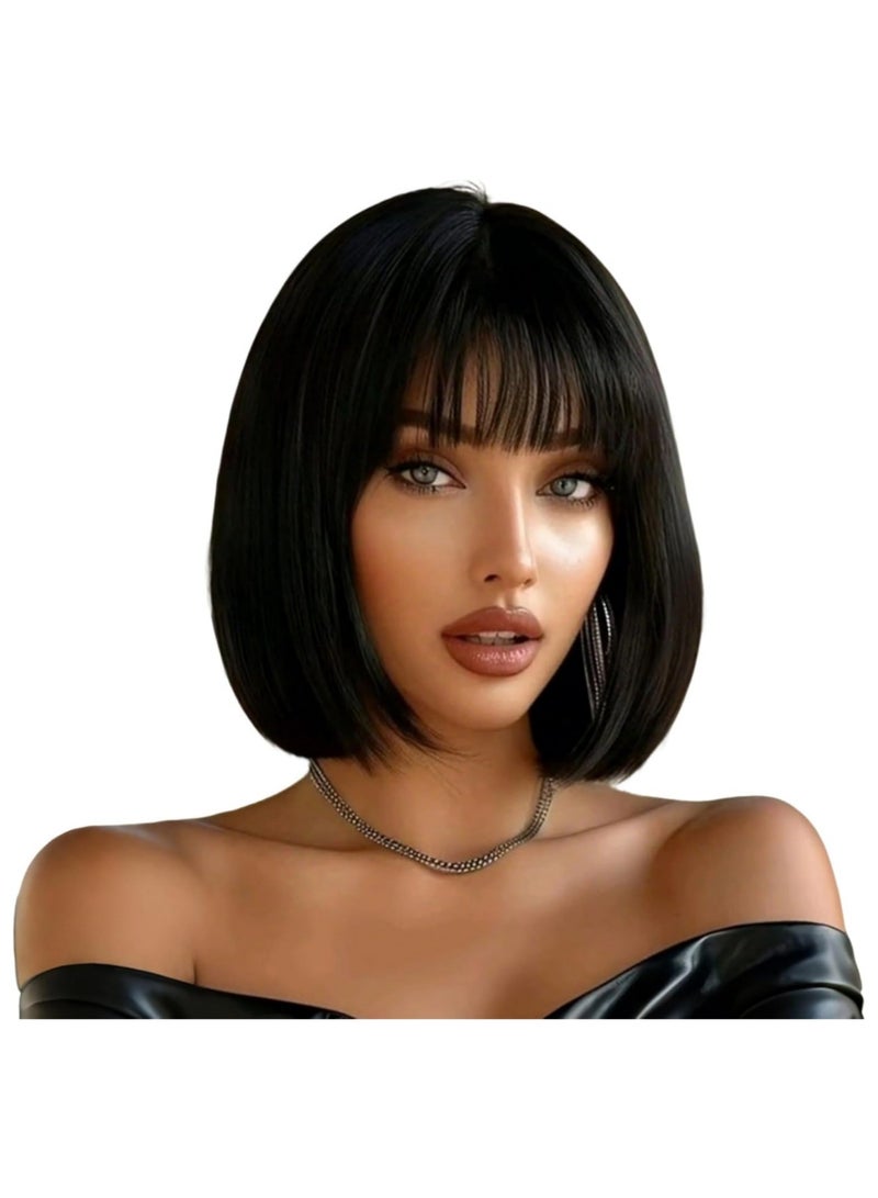 saykfoe 12 Inch Bob Wig with Bangs, Heat-Resistant Synthetic Fiber Headband Hairpiece, Lightweight and Straight for Daily Wear and Occasions (Black) - Image 1