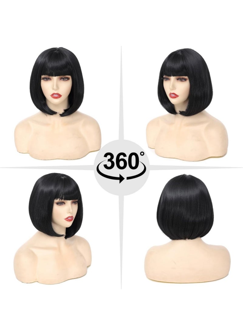 saykfoe 12 Inch Bob Wig with Bangs, Heat-Resistant Synthetic Fiber Headband Hairpiece, Lightweight and Straight for Daily Wear and Occasions (Black) - Image 4