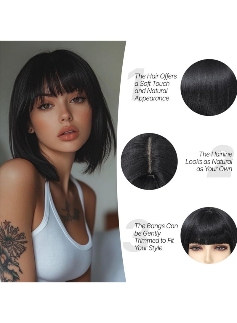 saykfoe 12 Inch Bob Wig with Bangs, Heat-Resistant Synthetic Fiber Headband Hairpiece, Lightweight and Straight for Daily Wear and Occasions (Black) - Image 3