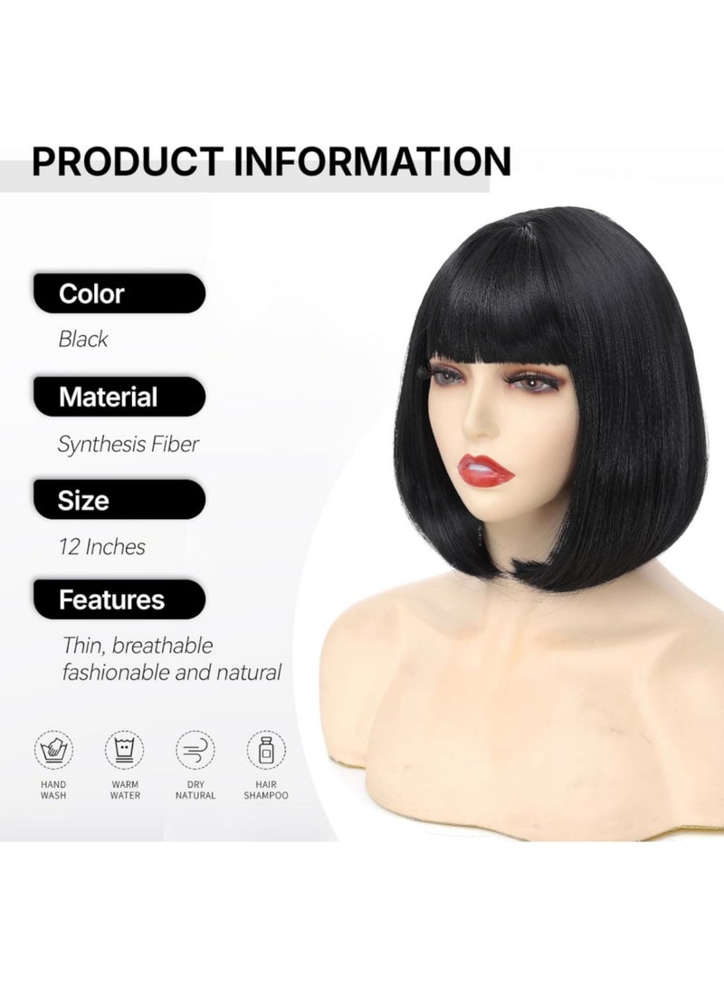 saykfoe 12 Inch Bob Wig with Bangs, Heat-Resistant Synthetic Fiber Headband Hairpiece, Lightweight and Straight for Daily Wear and Occasions (Black) - Image 2