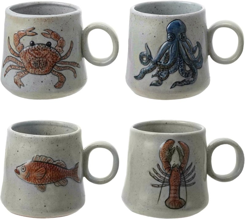 Creative CoOp 4Piece Stoneware Mug with Sea Life Multicolor - Image 1