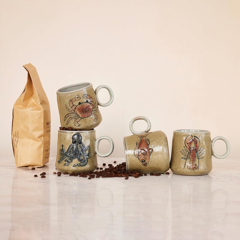 Creative CoOp 4Piece Stoneware Mug with Sea Life Multicolor - Image 2