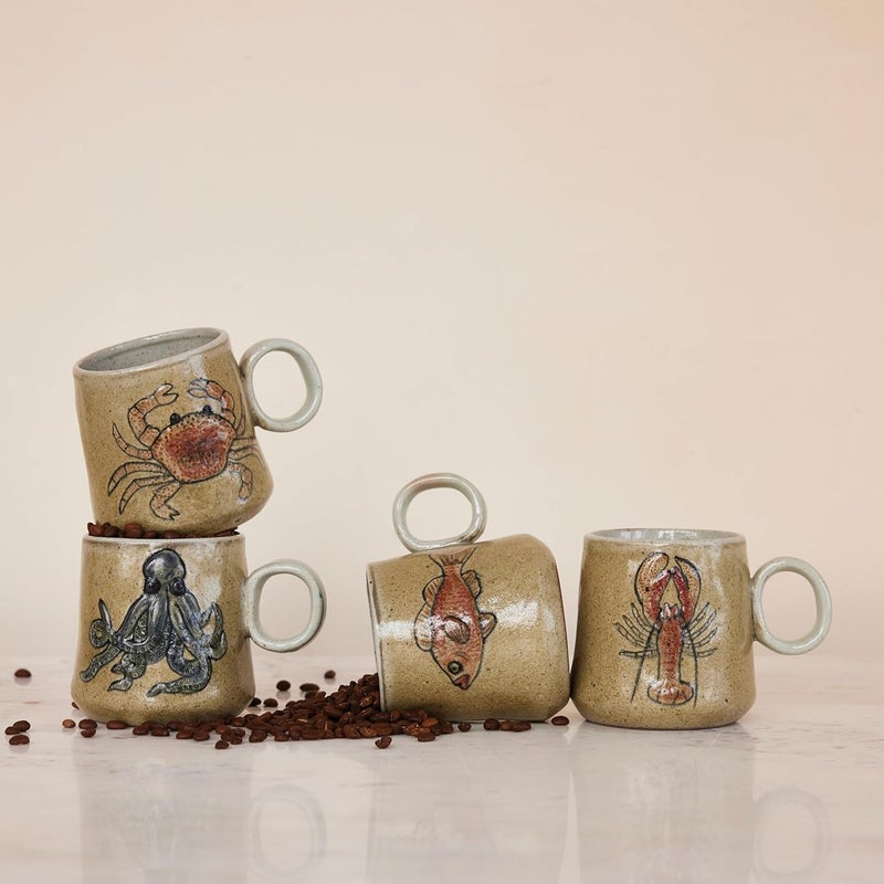 Creative CoOp 4Piece Stoneware Mug with Sea Life Multicolor - Image 3