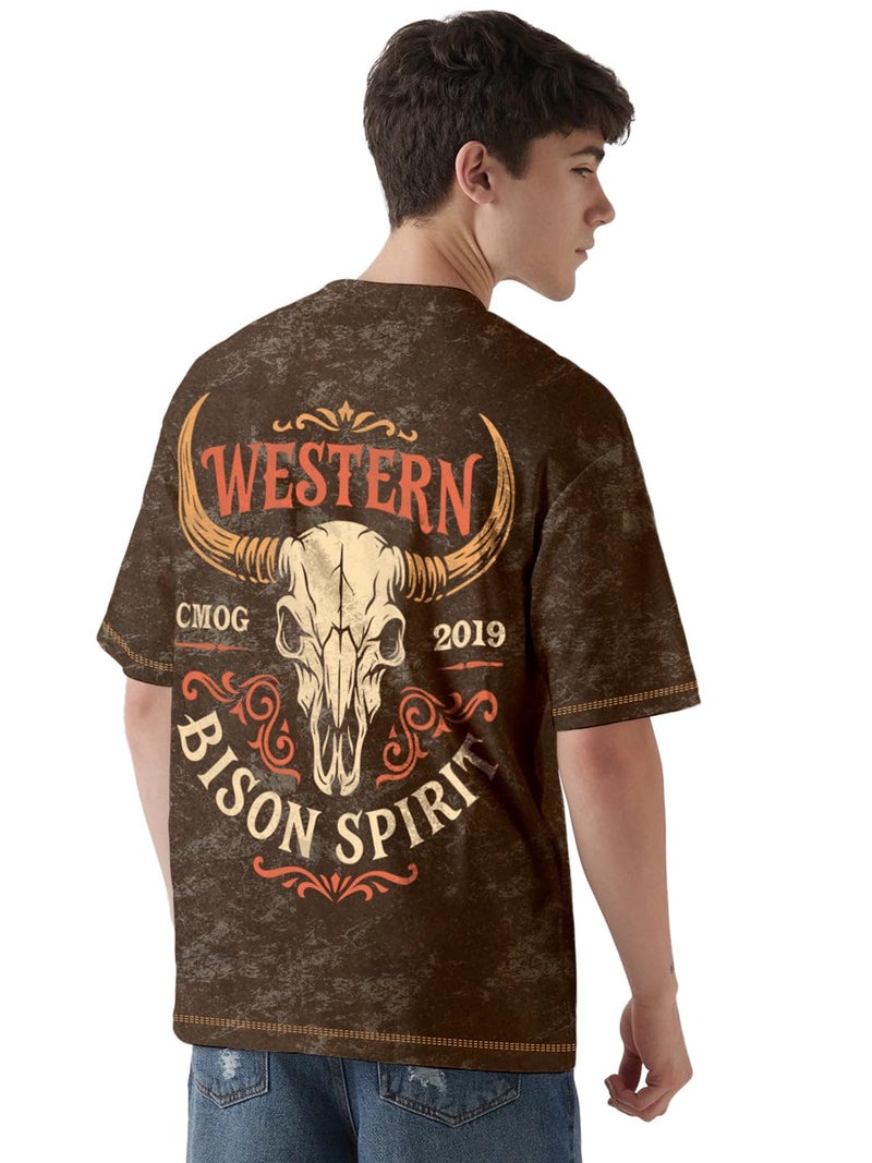 crazymonk Western Spirit Acid Wash Oversized T-Shirt - Coffee Brown - XL - Image 5
