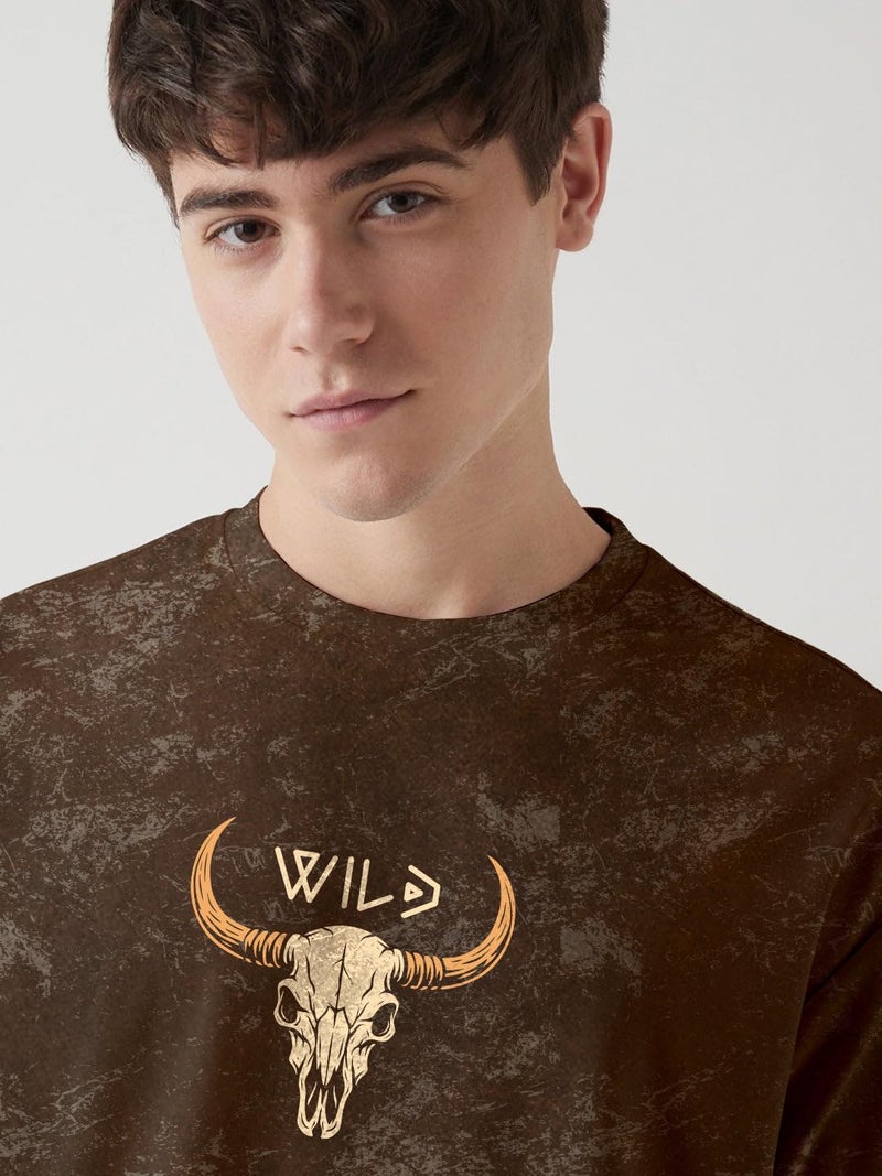 crazymonk Western Spirit Acid Wash Oversized T-Shirt - Coffee Brown - XL - Image 4