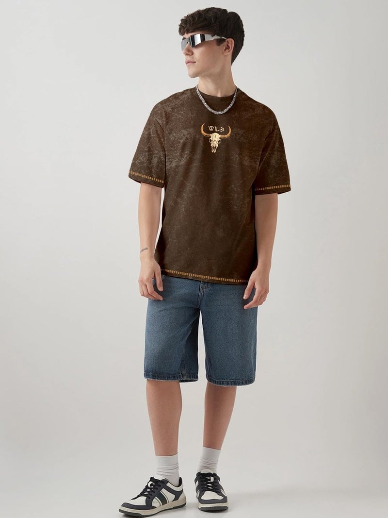 crazymonk Western Spirit Acid Wash Oversized T-Shirt - Coffee Brown - XL - Image 3