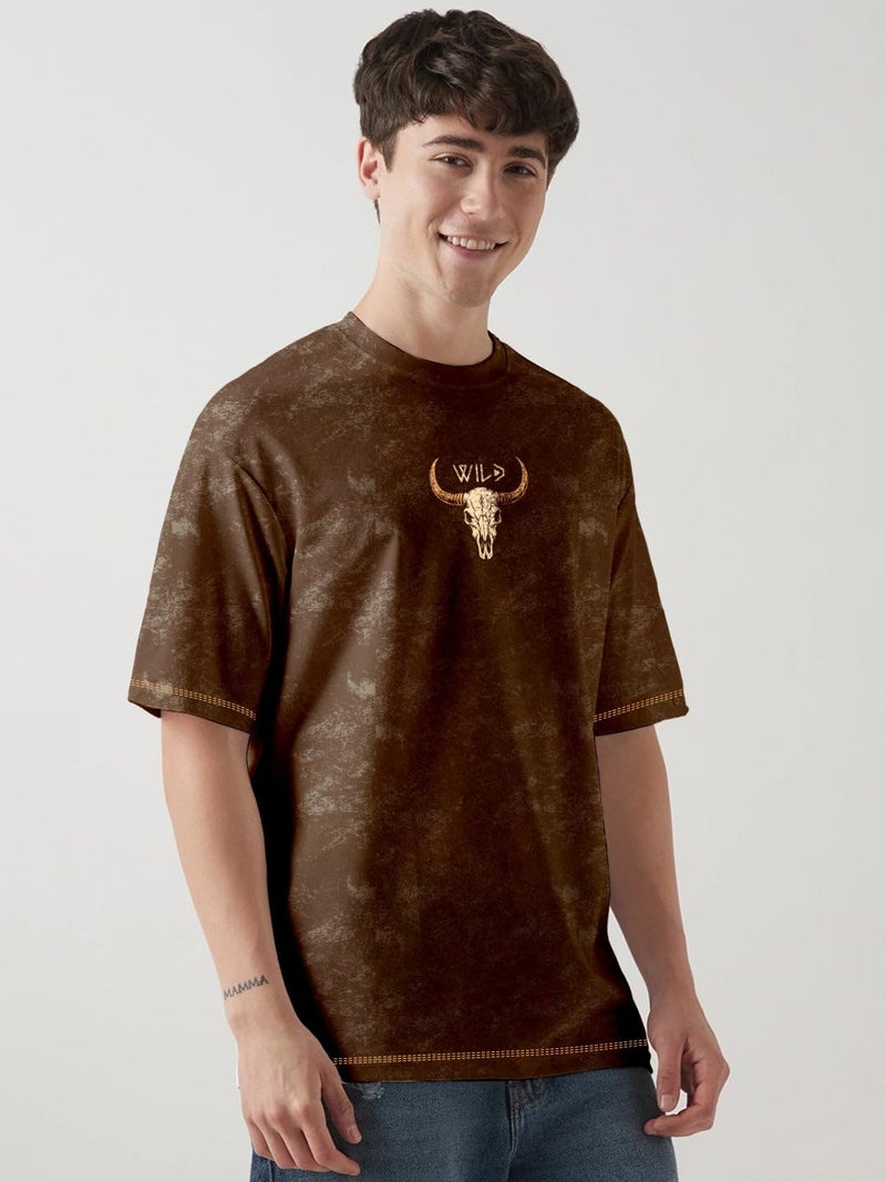 crazymonk Western Spirit Acid Wash Oversized T-Shirt - Coffee Brown - XL - Image 2