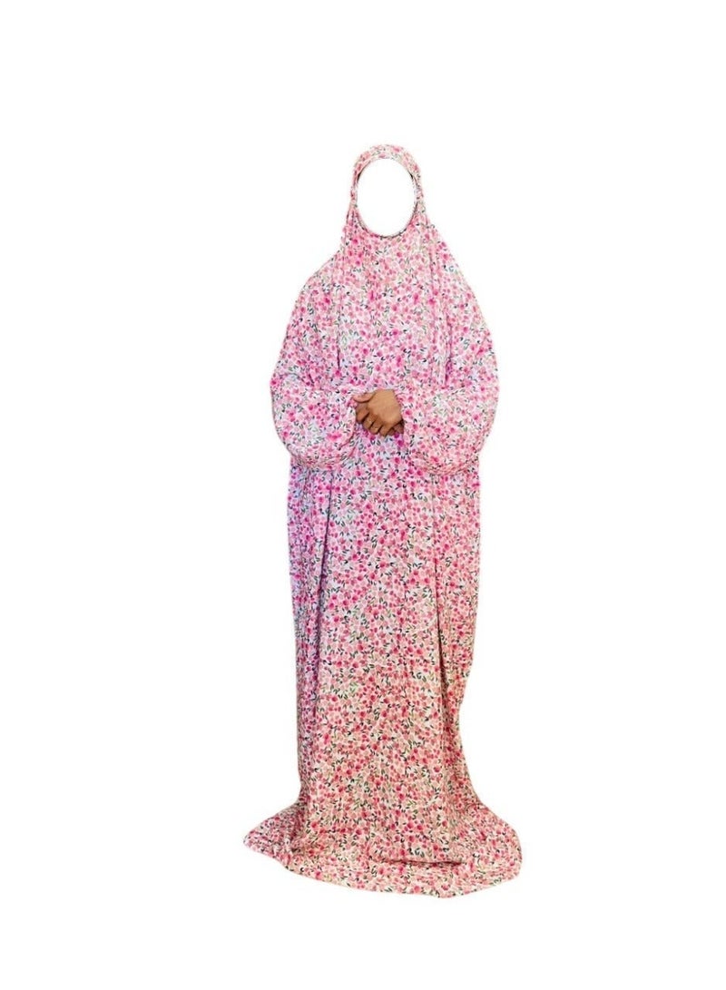 Women's Islamic Prayer Dress, Free Size Jilbab Abaya Set, Modest Prayer Outfit for Muslim Women, Umrah & Ramadan Essentials, Sleeve and Head Elastic, Printed Cloth - Image 1