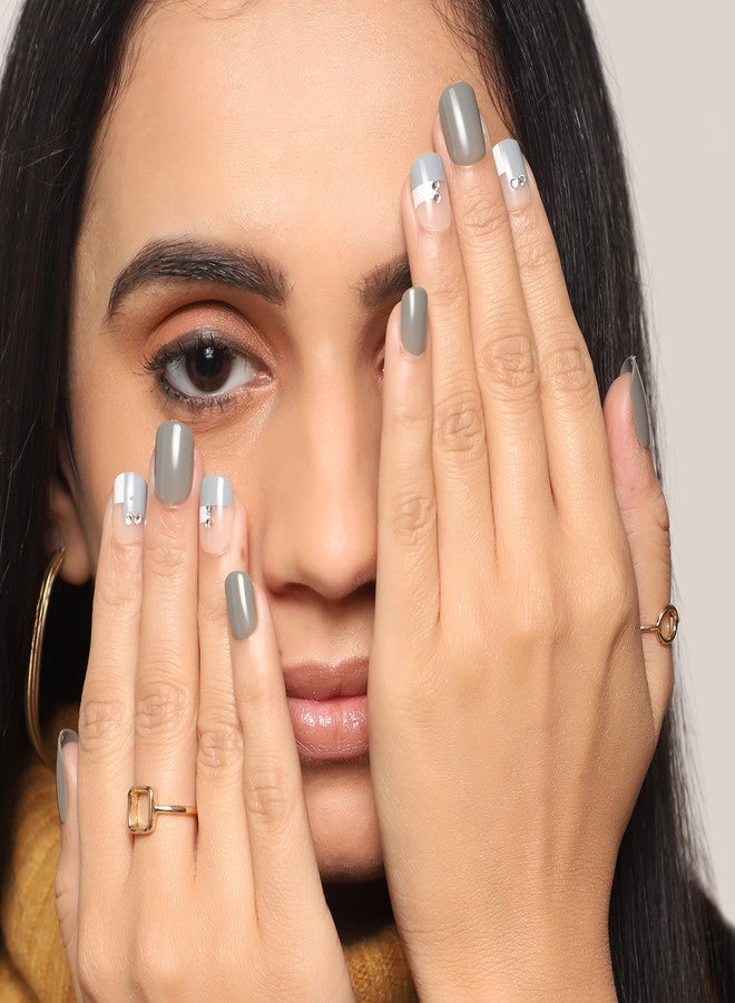 ليك أظافر لاصقة - 30 قطعة من أظافر الأكريليك/الصناعية/المزيفة القابلة لإعادة الاستخدام مع مجموعة أدوات التطبيق، شفافة ورمادية مرصعة (عبوة من 30 قطعة) - Image 5